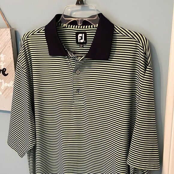 FootJoy FJ Green Navy Striped Golf Polo Shirt 88% Polyester 12% Spandex - L - Picture 1 of 7